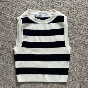Zara Cream and Navy Striped Knit Sleeveless Top, S